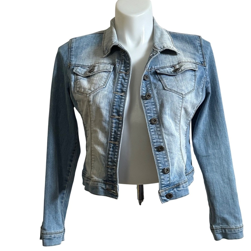 Dollhouse Womens Light Wash Denim Jacket Cropped Jean Jacket Juniors L Large‎